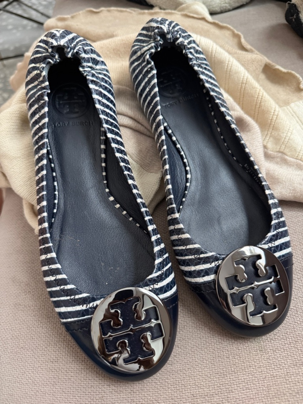 Tory Burch Stripe Ballet Flats Snake Gunmetal Logo size 7